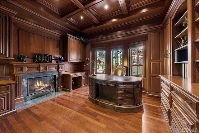 367 Monterey Pines Dr, Arcadia, CA 91006 - office featuring wood ceiling, ornamental molding, dark wood-style flooring, a fireplace, and beamed ceiling