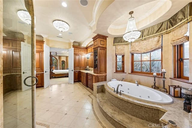 367 Monterey Pines Dr, Arcadia, CA 91006 - bathroom featuring ornamental molding, a chandelier, a whirlpool tub, healthy amount of natural light, and vanity