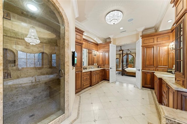 367 Monterey Pines Dr, Arcadia, CA 91006 - full bath featuring crown molding, a shower stall, recessed lighting, vanity, and a ceiling fan