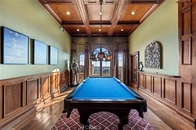 367 Monterey Pines Dr, Arcadia, CA 91006 - playroom featuring wood finished floors, coffered ceiling, beam ceiling, wooden ceiling, and recessed lighting