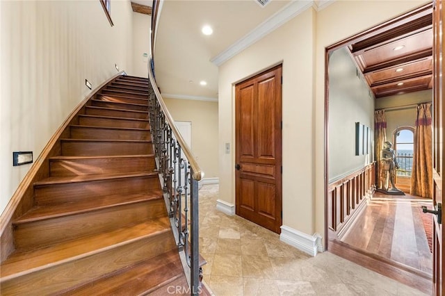 367 Monterey Pines Dr, Arcadia, CA 91006 - stairs featuring crown molding, recessed lighting, and baseboards