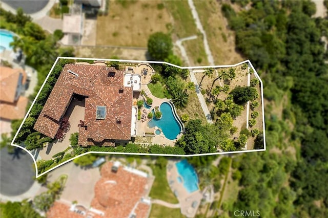 367 Monterey Pines Dr, Arcadia, CA 91006 - aerial view of property and surrounding area featuring a pool area and property parcel outlined
