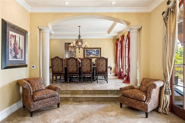367 Monterey Pines Dr, Arcadia, CA 91006 - sitting room with decorative columns, arched walkways, a chandelier, crown molding, and marble finish floors