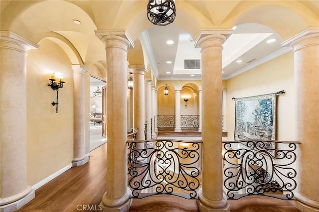 367 Monterey Pines Dr, Arcadia, CA 91006 - corridor with ornate columns, crown molding, recessed lighting, and wood finished floors
