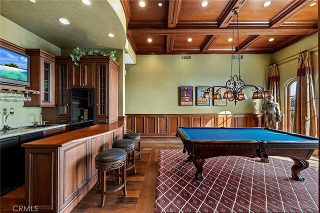 367 Monterey Pines Dr, Arcadia, CA 91006 - recreation room with recessed lighting, beamed ceiling, coffered ceiling, billiards table, and a wainscoted wall