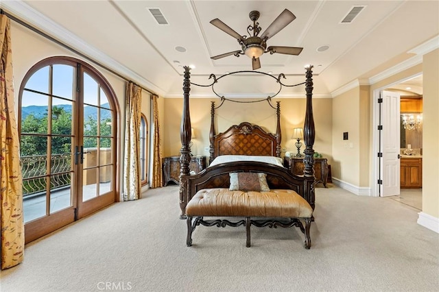 367 Monterey Pines Dr, Arcadia, CA 91006 - bedroom with light carpet, ornamental molding, access to outside, french doors, and baseboards