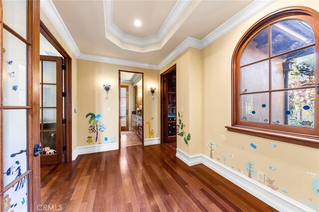 367 Monterey Pines Dr, Arcadia, CA 91006 - entryway featuring wood finished floors, baseboards, ornamental molding, healthy amount of natural light, and a tray ceiling