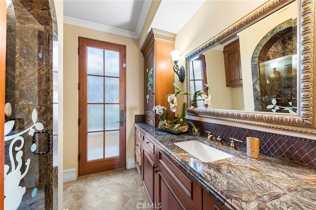 367 Monterey Pines Dr, Arcadia, CA 91006 - bathroom with vanity, crown molding, backsplash, baseboards, and tile patterned flooring