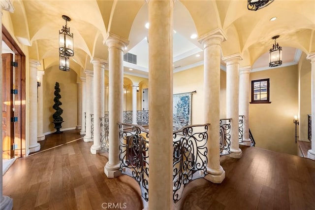 367 Monterey Pines Dr, Arcadia, CA 91006 - hall featuring wood finished floors, ornamental molding, recessed lighting, and decorative columns
