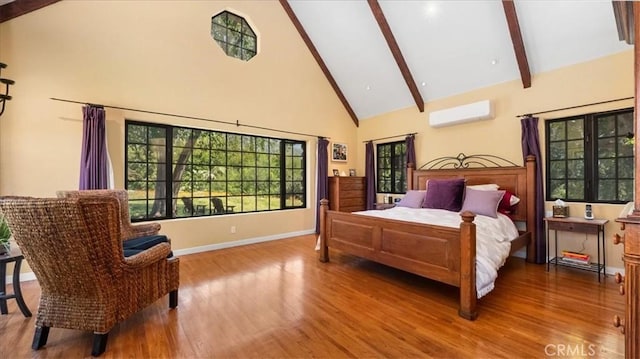 2304 Rosedale Curv, Upland, CA 91784 - bedroom featuring high vaulted ceiling, wood finished floors, a wall mounted AC, beam ceiling, and baseboards