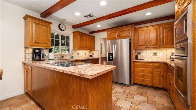2304 Rosedale Curv, Upland, CA 91784 - kitchen with appliances with stainless steel finishes, a peninsula, tasteful backsplash, recessed lighting, and brown cabinetry