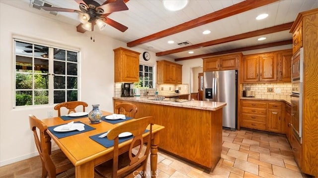 2304 Rosedale Curv, Upland, CA 91784 - kitchen with appliances with stainless steel finishes, a peninsula, recessed lighting, plenty of natural light, and backsplash