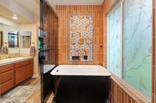 3079 Mojave Ct, Highland, CA 92346 - full bath featuring tile walls, a freestanding tub, vanity, and wood finished floors
