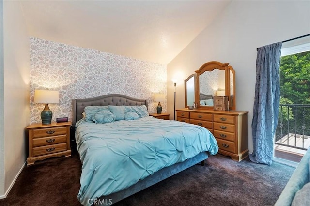 3079 Mojave Ct, Highland, CA 92346 - bedroom featuring wallpapered walls, carpet floors, access to outside, lofted ceiling, and baseboards