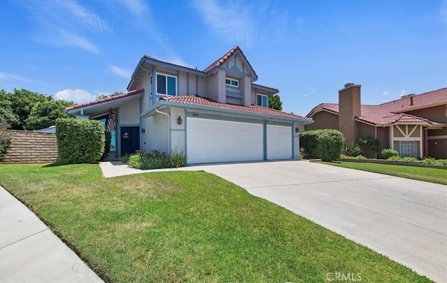 3079 Mojave Ct, Highland, CA 92346 - mediterranean / spanish-style home featuring stucco siding, driveway, a tiled roof, and a front yard