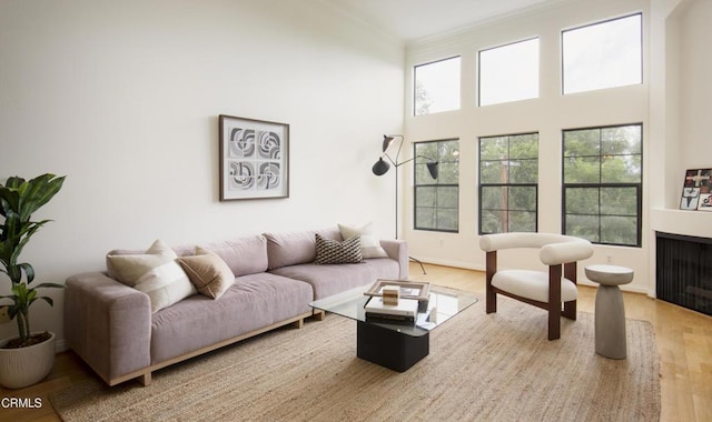 12603 Moorpark St Unit 303, Studio City, CA 91604 - living area with wood finished floors, a fireplace, ornamental molding, and a high ceiling