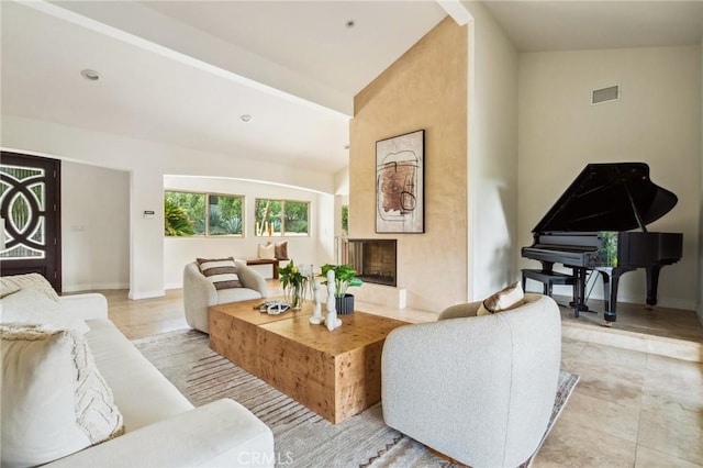 3336 Villa Mesa Rd, Pasadena, CA 91107 - living room featuring a high end fireplace, high vaulted ceiling, and baseboards