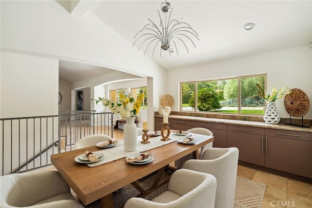 3336 Villa Mesa Rd, Pasadena, CA 91107 - dining room featuring a chandelier and high vaulted ceiling