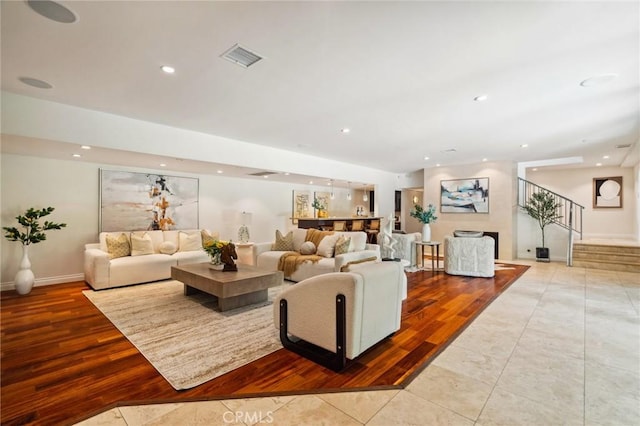 3336 Villa Mesa Rd, Pasadena, CA 91107 - living area with stairway, wood finished floors, recessed lighting, and baseboards