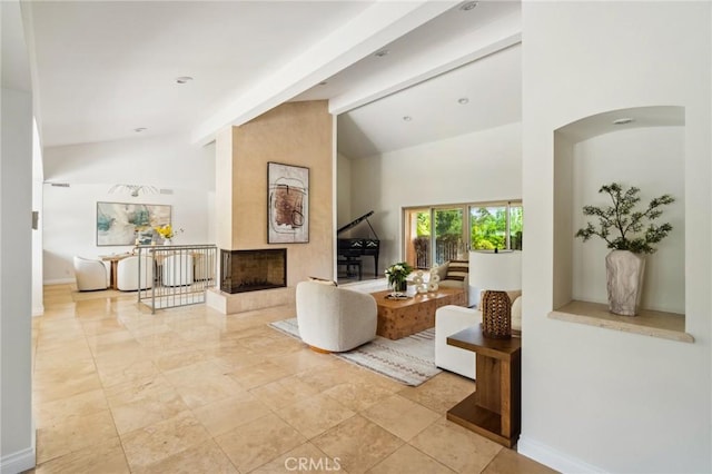 3336 Villa Mesa Rd, Pasadena, CA 91107 - living area with high vaulted ceiling, a multi sided fireplace, baseboards, and beamed ceiling