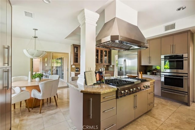 3336 Villa Mesa Rd, Pasadena, CA 91107 - kitchen featuring appliances with stainless steel finishes, a warming drawer, range hood, and backsplash