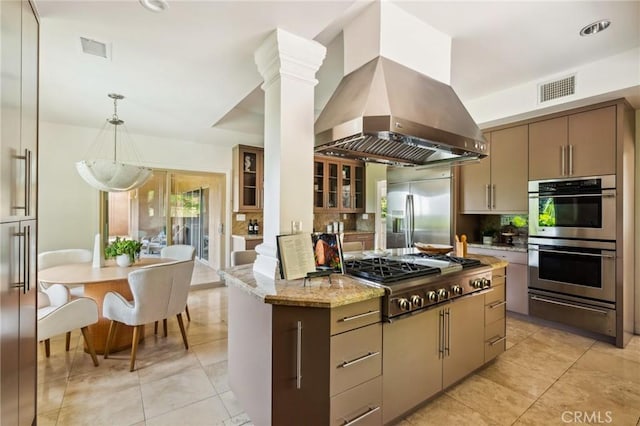 3336 Villa Mesa Rd, Pasadena, CA 91107 - kitchen featuring appliances with stainless steel finishes, island range hood, a warming drawer, and decorative backsplash