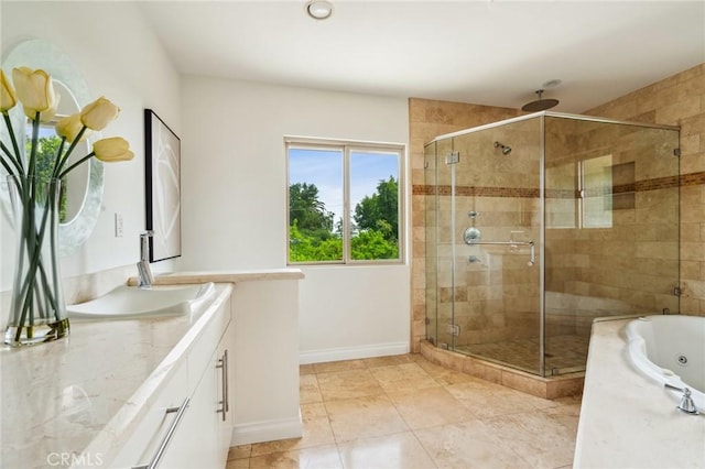 3336 Villa Mesa Rd, Pasadena, CA 91107 - full bathroom featuring vanity, a shower stall, a whirlpool tub, and baseboards