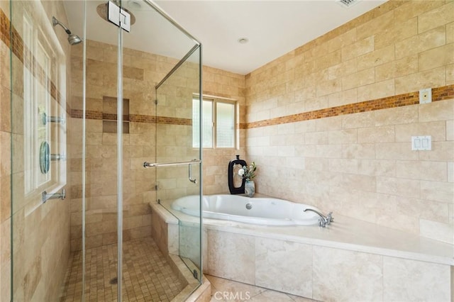 3336 Villa Mesa Rd, Pasadena, CA 91107 - bathroom featuring a bath, a stall shower, tile walls, and tile patterned floors