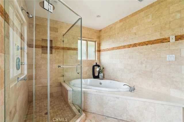 3336 Villa Mesa Rd, Pasadena, CA 91107 - full bath featuring a garden tub, a shower stall, tile walls, and tile patterned flooring