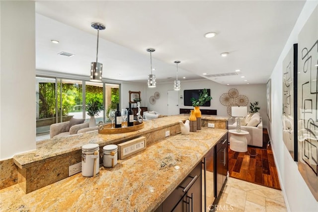 3336 Villa Mesa Rd, Pasadena, CA 91107 - kitchen featuring open floor plan, light stone counters, hanging light fixtures, and recessed lighting