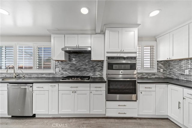 15439 Studebaker Rd, Norwalk, CA 90650 - kitchen featuring stainless steel appliances, a sink, under cabinet range hood, dark countertops, and recessed lighting