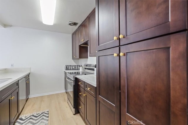 kitchen featuring appliances with stainless steel finishes, light wood-style floors, light countertops, and baseboards