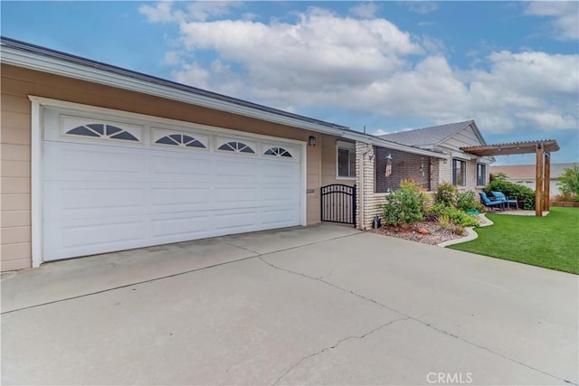 27930 Lexington Ct, Menifee, CA 92586 - view of front of home featuring concrete driveway, a pergola, a front lawn, and a garage