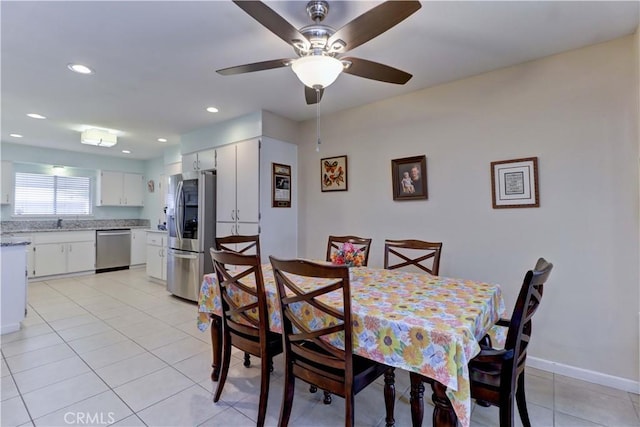 27930 Lexington Ct, Menifee, CA 92586 - dining space featuring light tile patterned flooring, recessed lighting, and ceiling fan