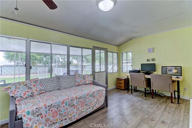 27930 Lexington Ct, Menifee, CA 92586 - bedroom featuring vaulted ceiling, wood finished floors, baseboards, and an office area