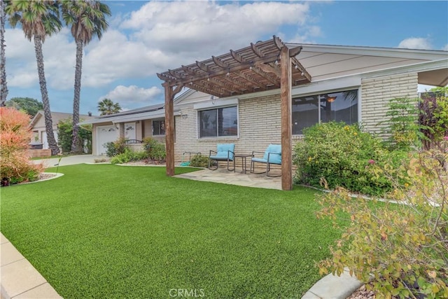 27930 Lexington Ct, Menifee, CA 92586 - rear view of property featuring a pergola, an attached garage, a yard, brick siding, and a patio area