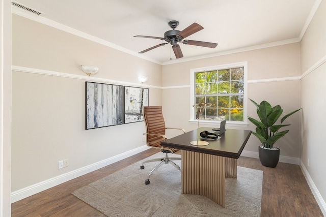 office with wood finished floors, a ceiling fan, baseboards, and crown molding