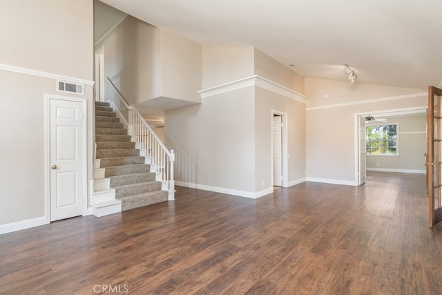 unfurnished living room with stairway, wood finished floors, baseboards, high vaulted ceiling, and a ceiling fan