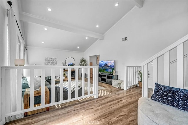 1836 Macinnes Pl, Placentia, CA 92870 - living area with beamed ceiling, wood finished floors, high vaulted ceiling, crown molding, and recessed lighting