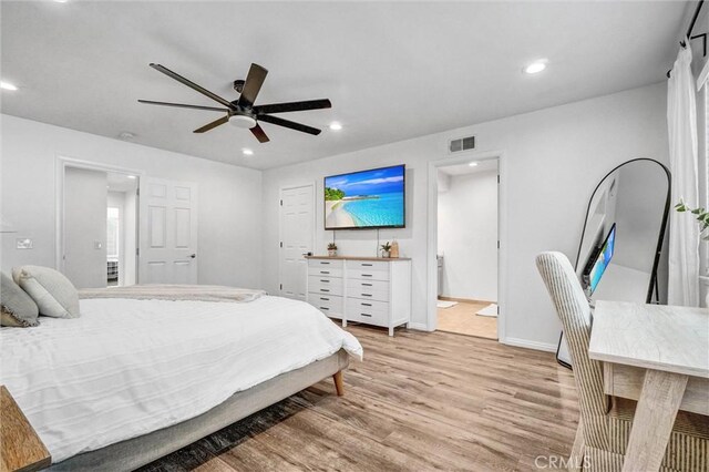 1836 Macinnes Pl, Placentia, CA 92870 - bedroom with light wood-style floors, recessed lighting, baseboards, ceiling fan, and ensuite bathroom