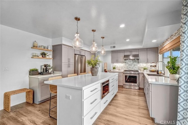 1836 Macinnes Pl, Placentia, CA 92870 - kitchen with stainless steel appliances, under cabinet range hood, a sink, gray cabinets, and light countertops