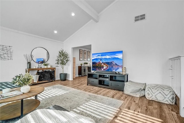 1836 Macinnes Pl, Placentia, CA 92870 - living room featuring wood finished floors, beam ceiling, high vaulted ceiling, ornamental molding, and recessed lighting