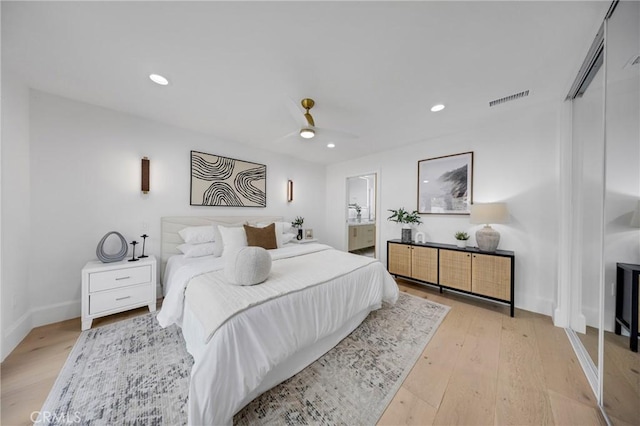 80 Seton Rd, Irvine, CA 92612 - bedroom with light wood finished floors, recessed lighting, baseboards, a ceiling fan, and connected bathroom