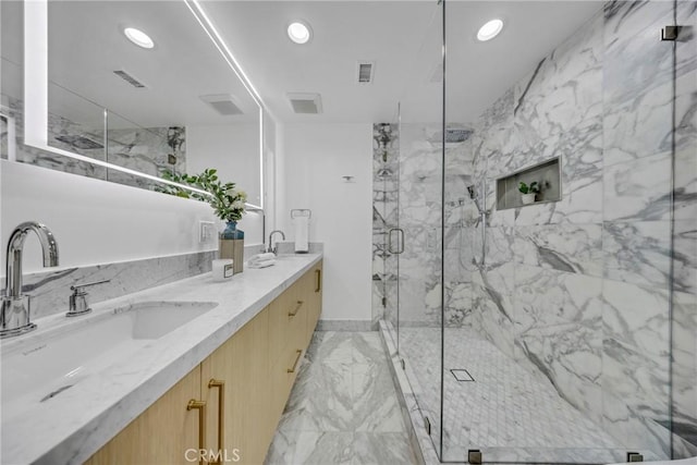 80 Seton Rd, Irvine, CA 92612 - full bath featuring marble finish floors, a marble finish shower, recessed lighting, double vanity, and baseboards