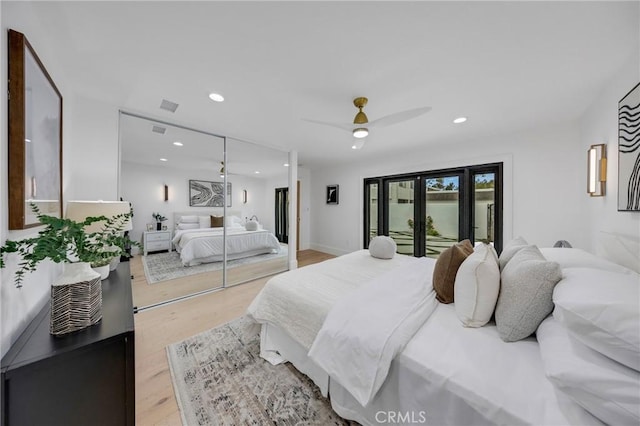 80 Seton Rd, Irvine, CA 92612 - bedroom featuring light wood-style floors, recessed lighting, access to exterior, and ceiling fan