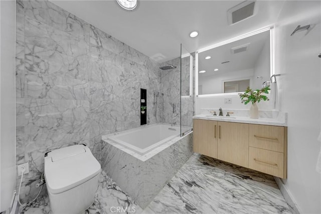 80 Seton Rd, Irvine, CA 92612 - full bath with a combined bath / shower with marble appearance, marble tiled floors, toilet, recessed lighting, and vanity