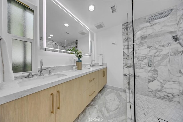 80 Seton Rd, Irvine, CA 92612 - full bathroom featuring marble finish floors, a marble finish shower, double vanity, and recessed lighting