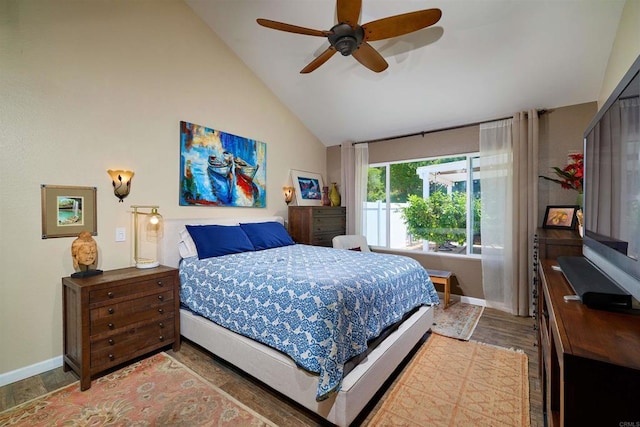 4547 Cordoba Way, Oceanside, CA 92056 - bedroom featuring baseboards, high vaulted ceiling, wood finished floors, and ceiling fan