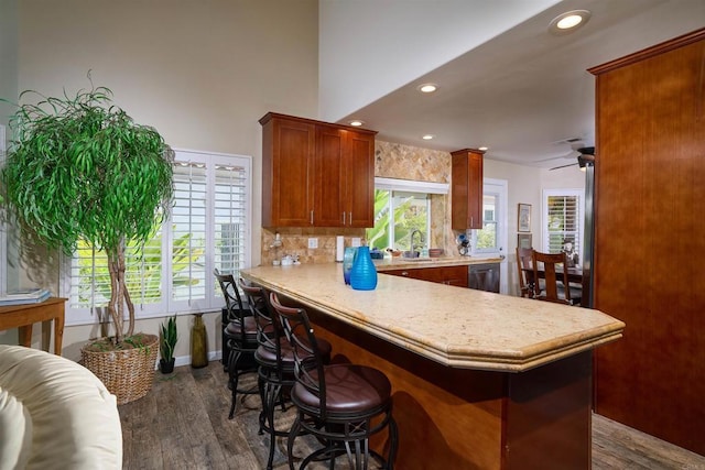 4547 Cordoba Way, Oceanside, CA 92056 - kitchen with dark wood-style flooring, light countertops, a sink, backsplash, and recessed lighting