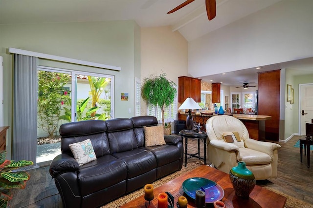4547 Cordoba Way, Oceanside, CA 92056 - living room with ceiling fan, high vaulted ceiling, wood finished floors, beamed ceiling, and baseboards